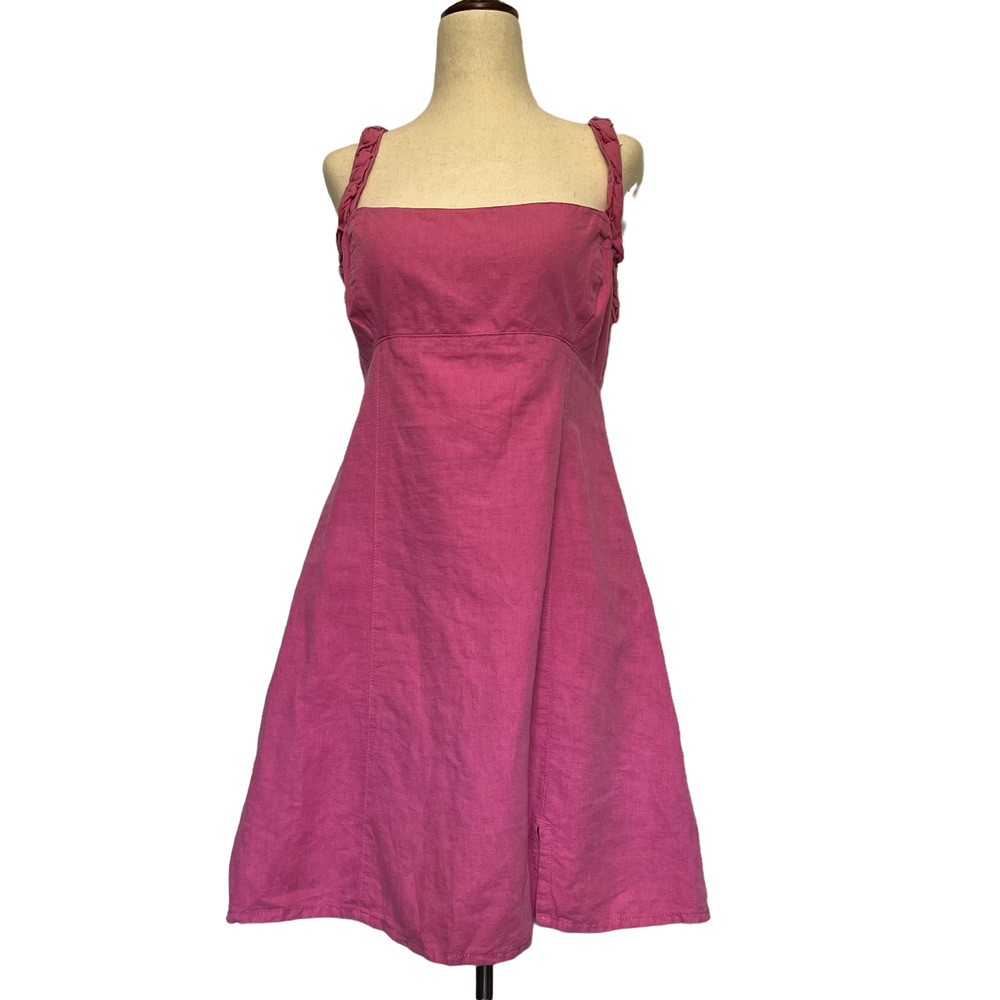 Zara Linen Blend Sleeveless Womens Dress Size Large Pink Tie Back Braid Strap